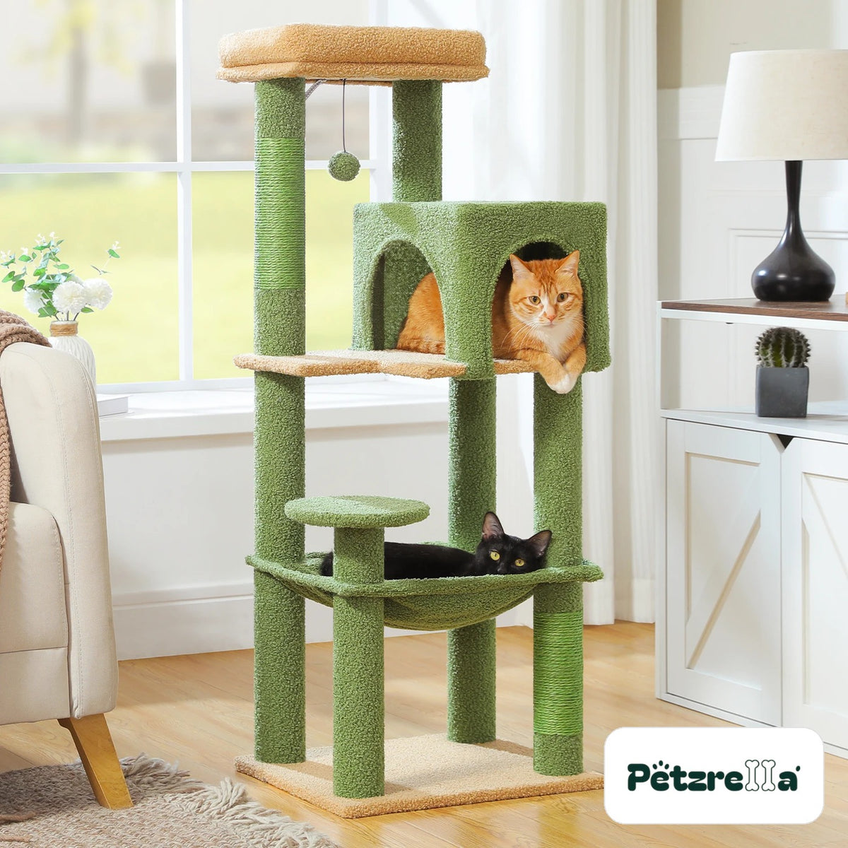 Petzrella cat tree 113 cm green with condo and hammock in a living room