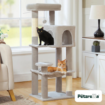 Petzrella cat tree 113 cm light grey with condo and hammock in a living room