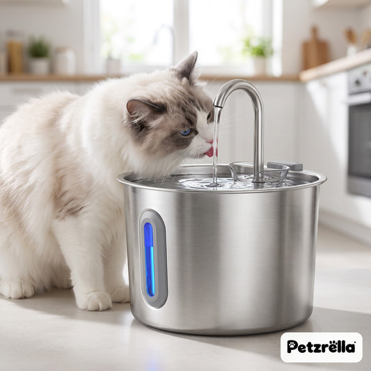 Petzrella 2.2L stainless steel cat water fountain with a ragdoll cat drinking in a bright kitchen