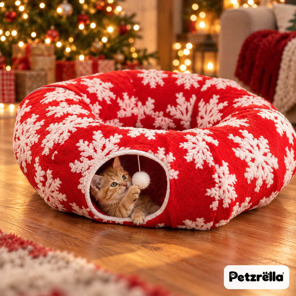 Petzrella Christmas Cat Tunnel – ginger kitten playing with the white pompom at the entrance