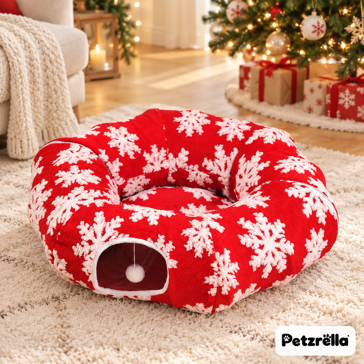 Petzrella Christmas Cat Tunnel in red with white snowflakes and hanging pompom