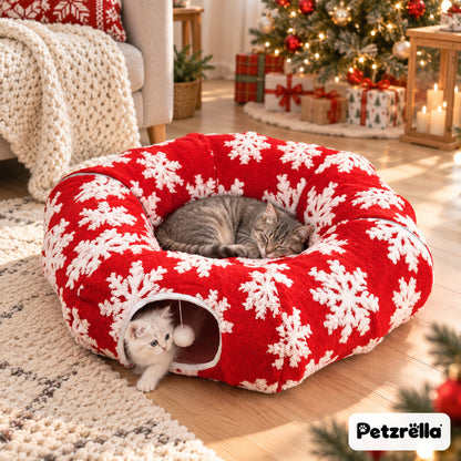 Petzrella Christmas Cat Tunnel – cat sleeping on the cushion while a kitten peeks out
