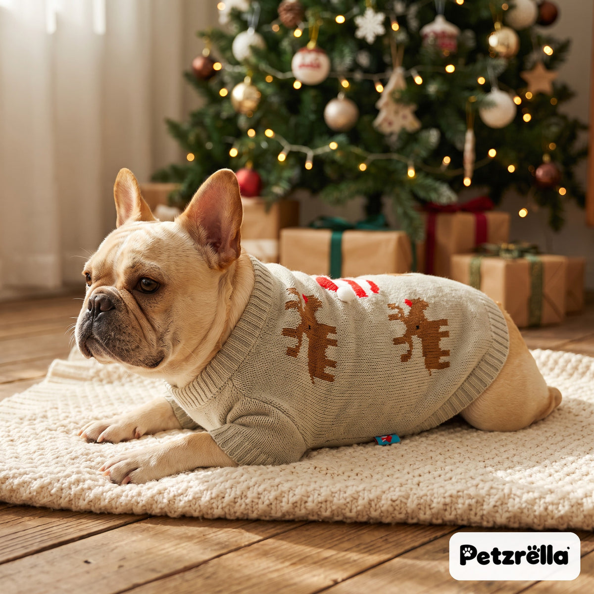 French bulldog in the Petzrella reindeer sweater lying on a knitted blanket