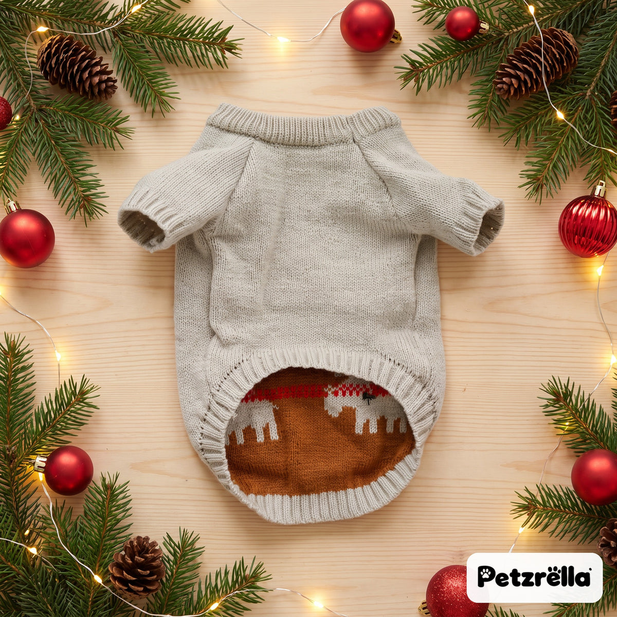 Petzrella Christmas dog sweater, inside knit detail, festive flat lay