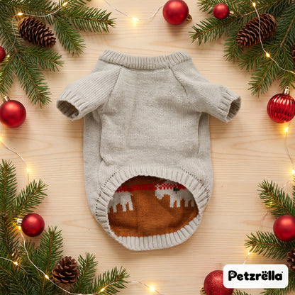 Petzrella Christmas dog sweater, inside knit detail, festive flat lay