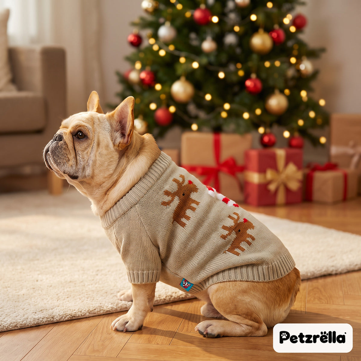 French bulldog in the Petzrella knitted reindeer Christmas sweater by the tree
