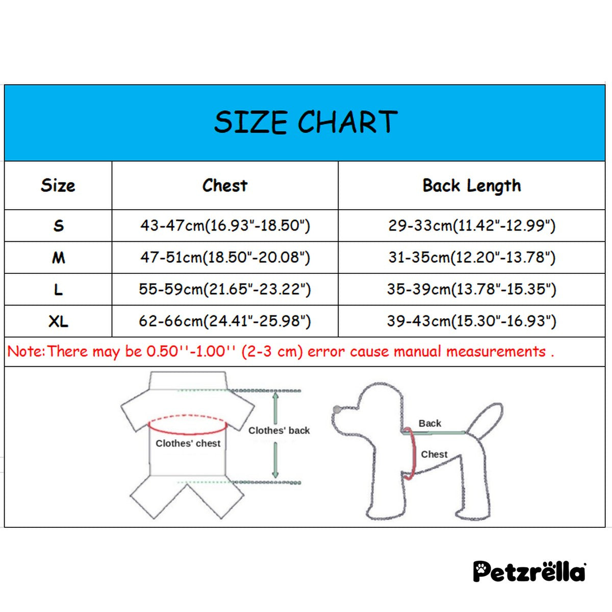 Petzrella Christmas dog sweater size guide