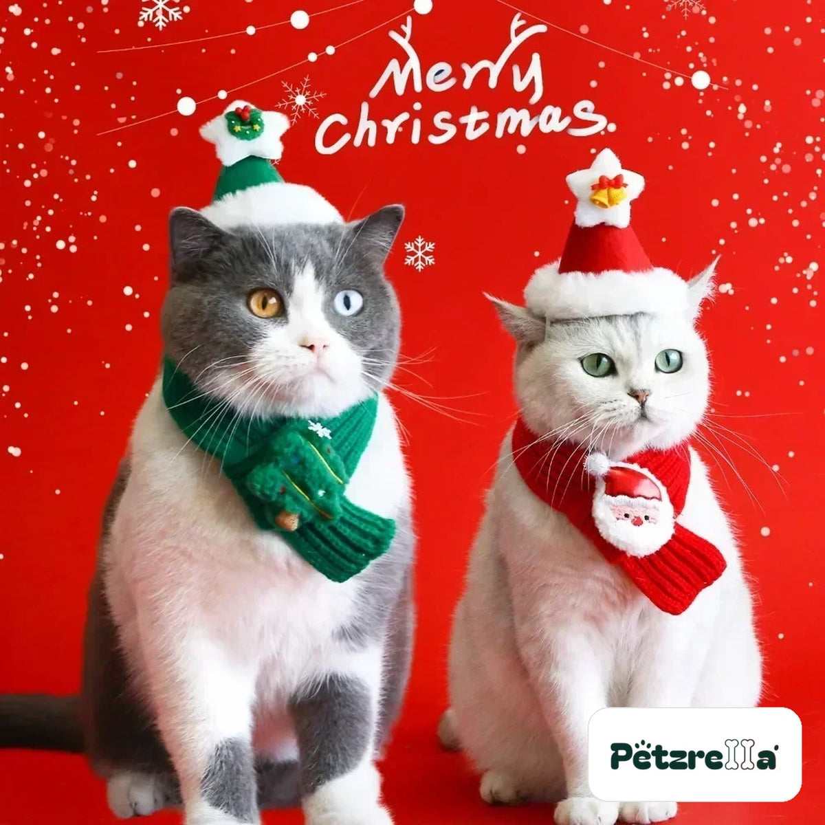 Petzrella Christmas scarf and Santa hat worn by two cats – green tree scarf and red Santa scarf