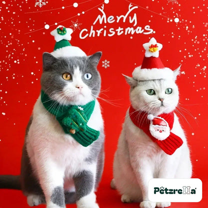 Petzrella Christmas scarf and Santa hat worn by two cats – green tree scarf and red Santa scarf