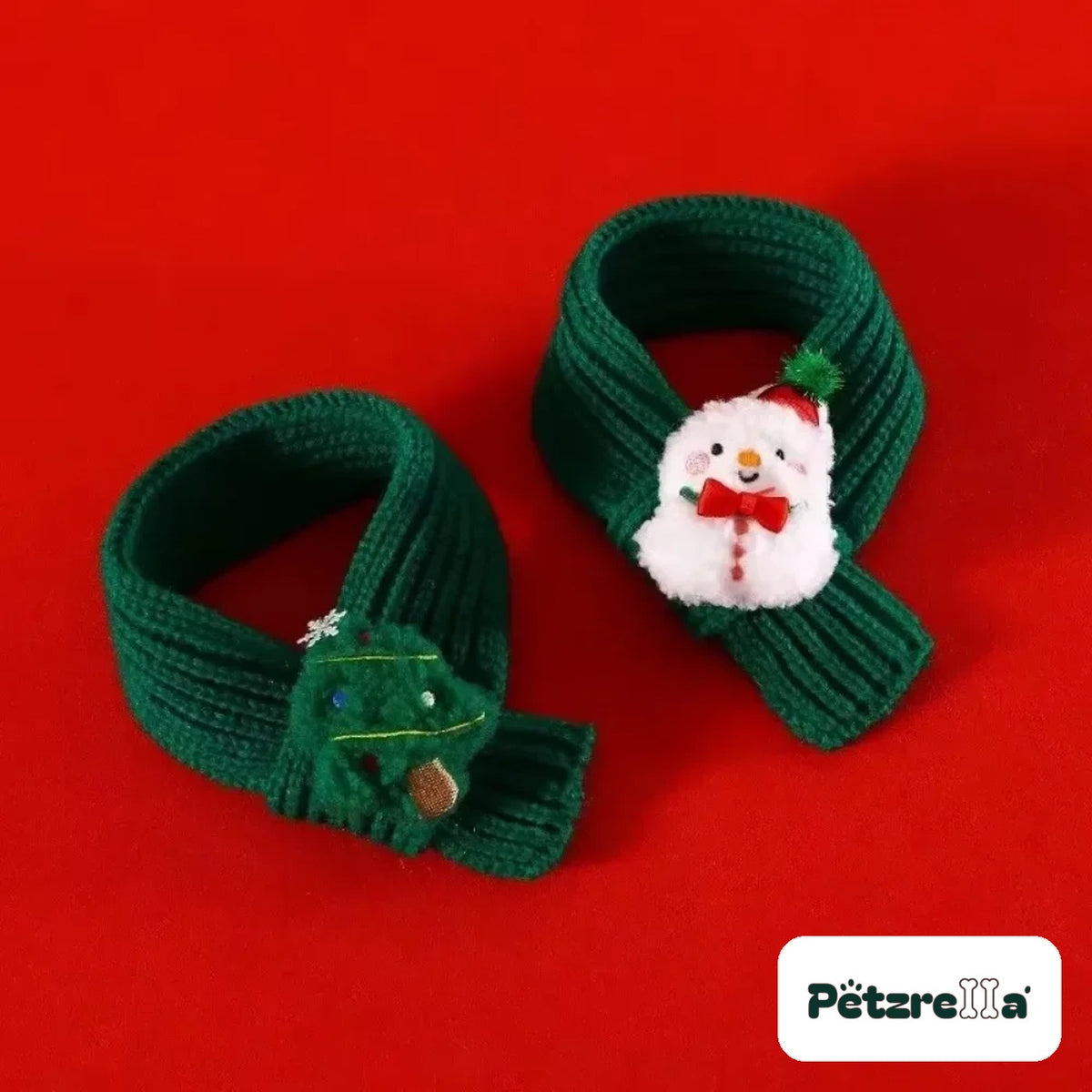 Petzrella green Christmas scarves for cats with snowman and Christmas tree