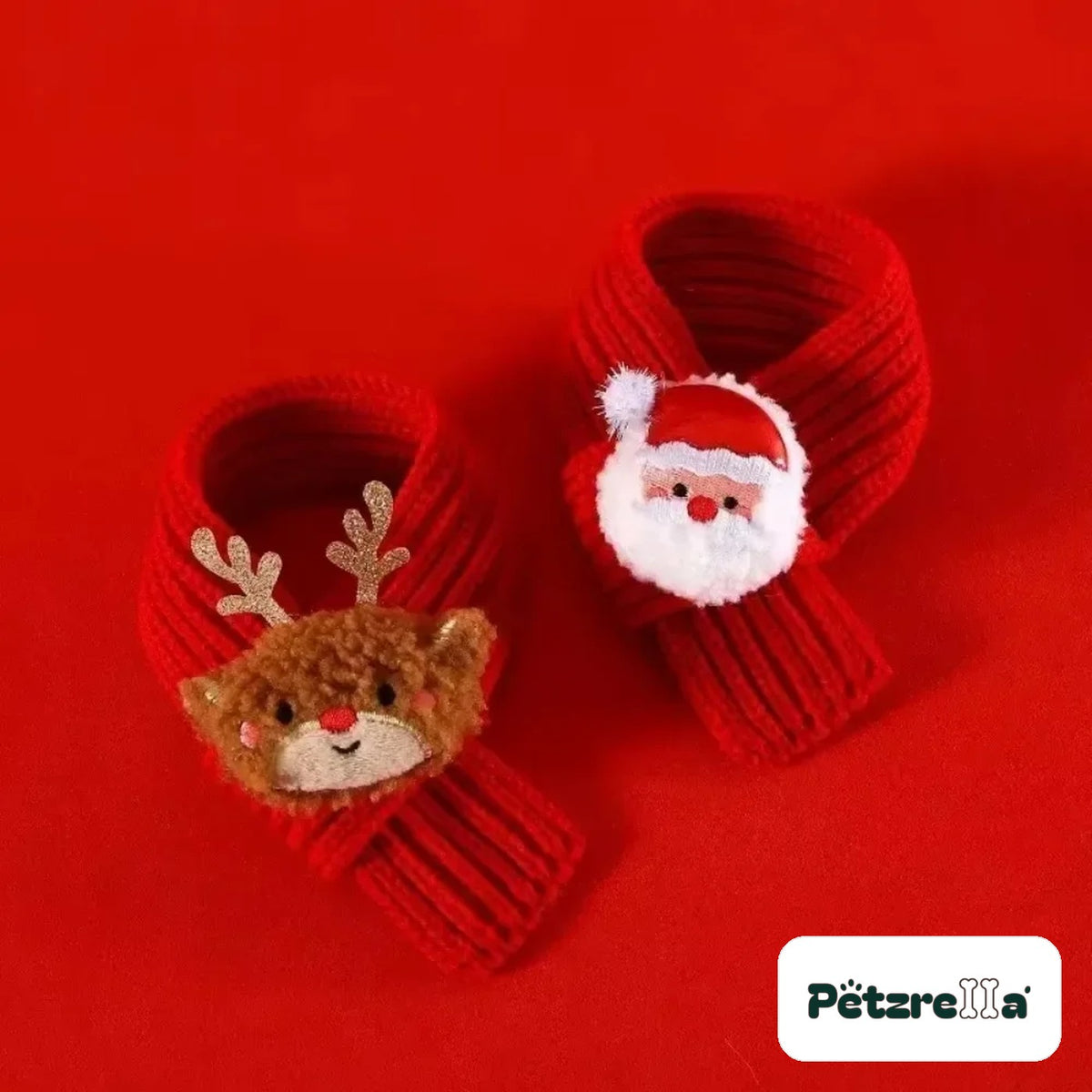 Petzrella red Christmas scarves for cats with reindeer and Santa