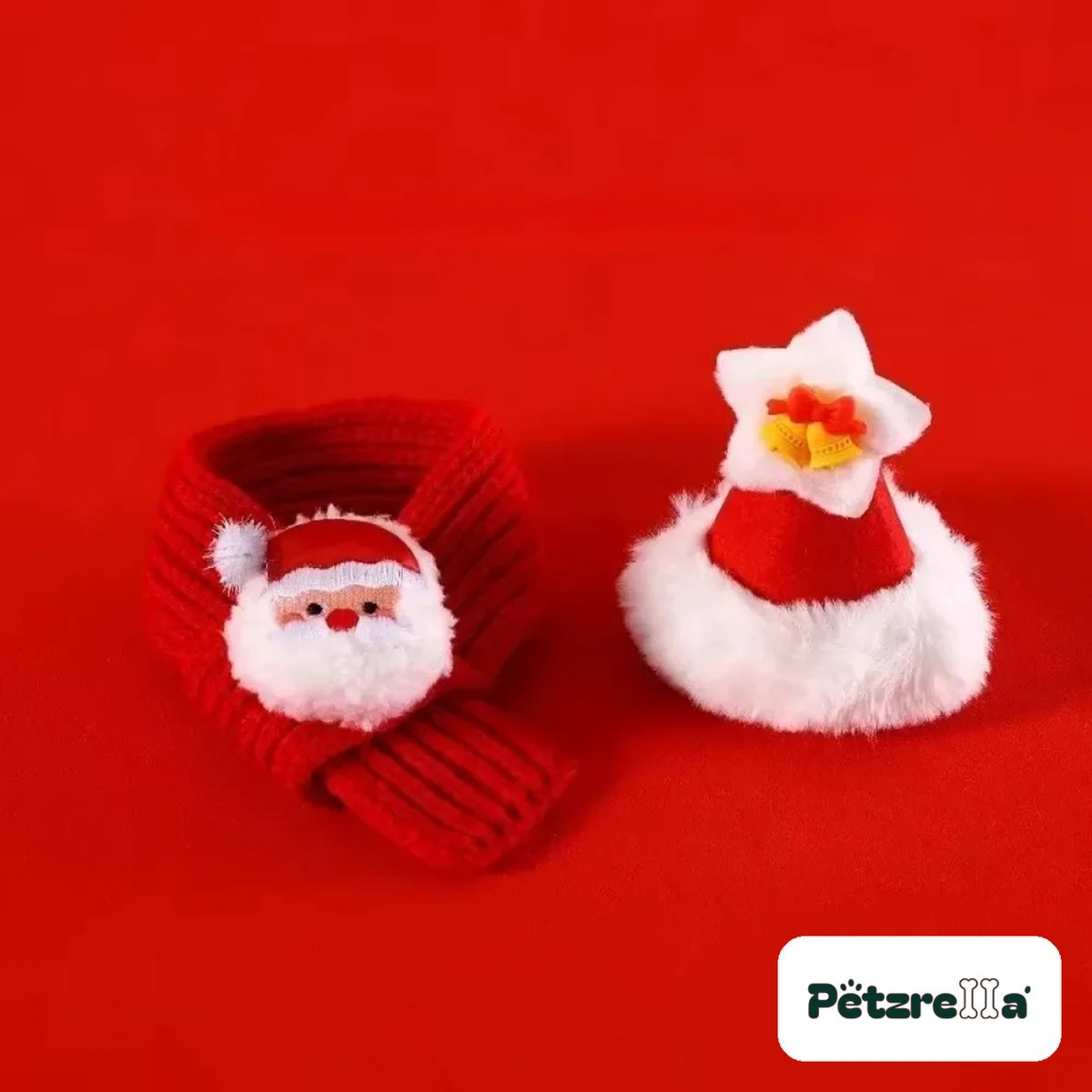 Petzrella red Santa scarf and red Santa hat with star for cats