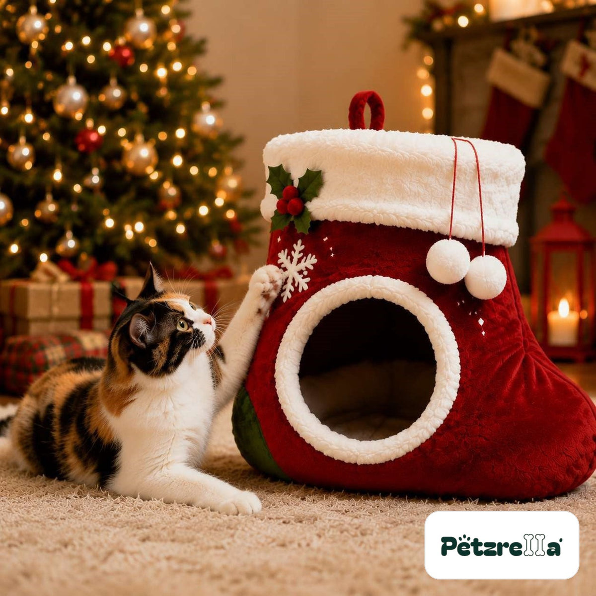 Petzrella Christmas Stocking Cat Bed with a cat playing with the white pompoms