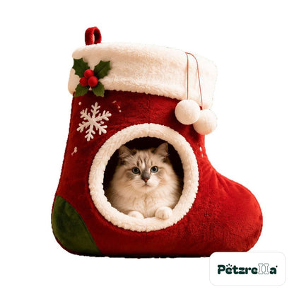 Petzrella Christmas Stocking Cat Bed red on white background with cat in the round opening