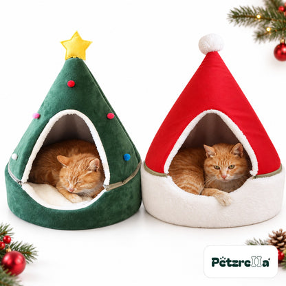 Petzrella Christmas Tree Cat Cave – both colours side by side: green tree and red Santa hat