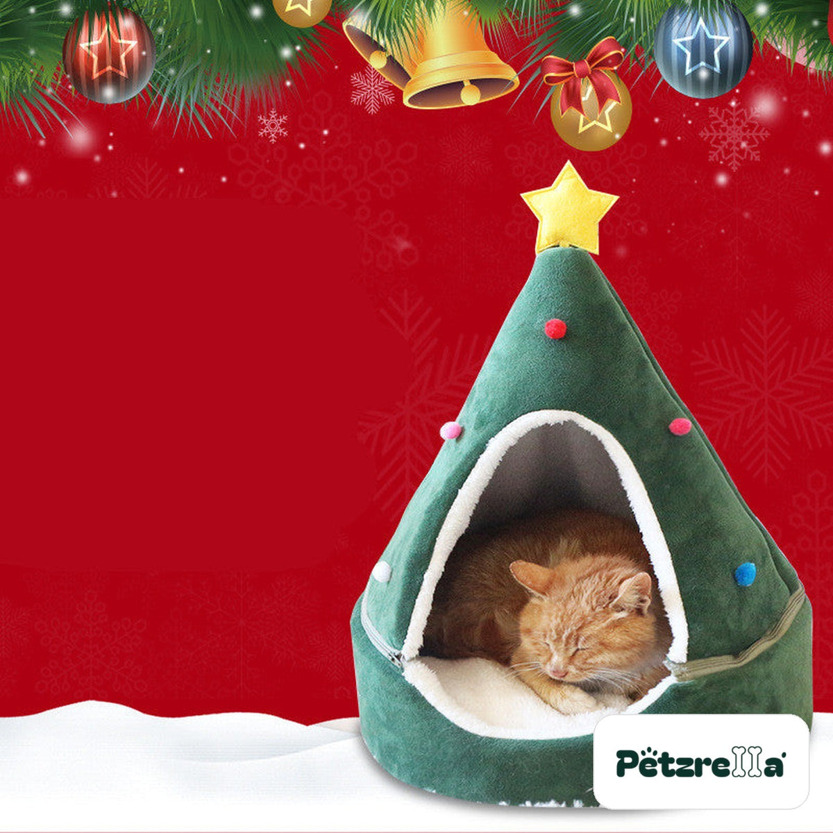 Petzrella Christmas Tree Cat Cave green in a festive red Christmas scene