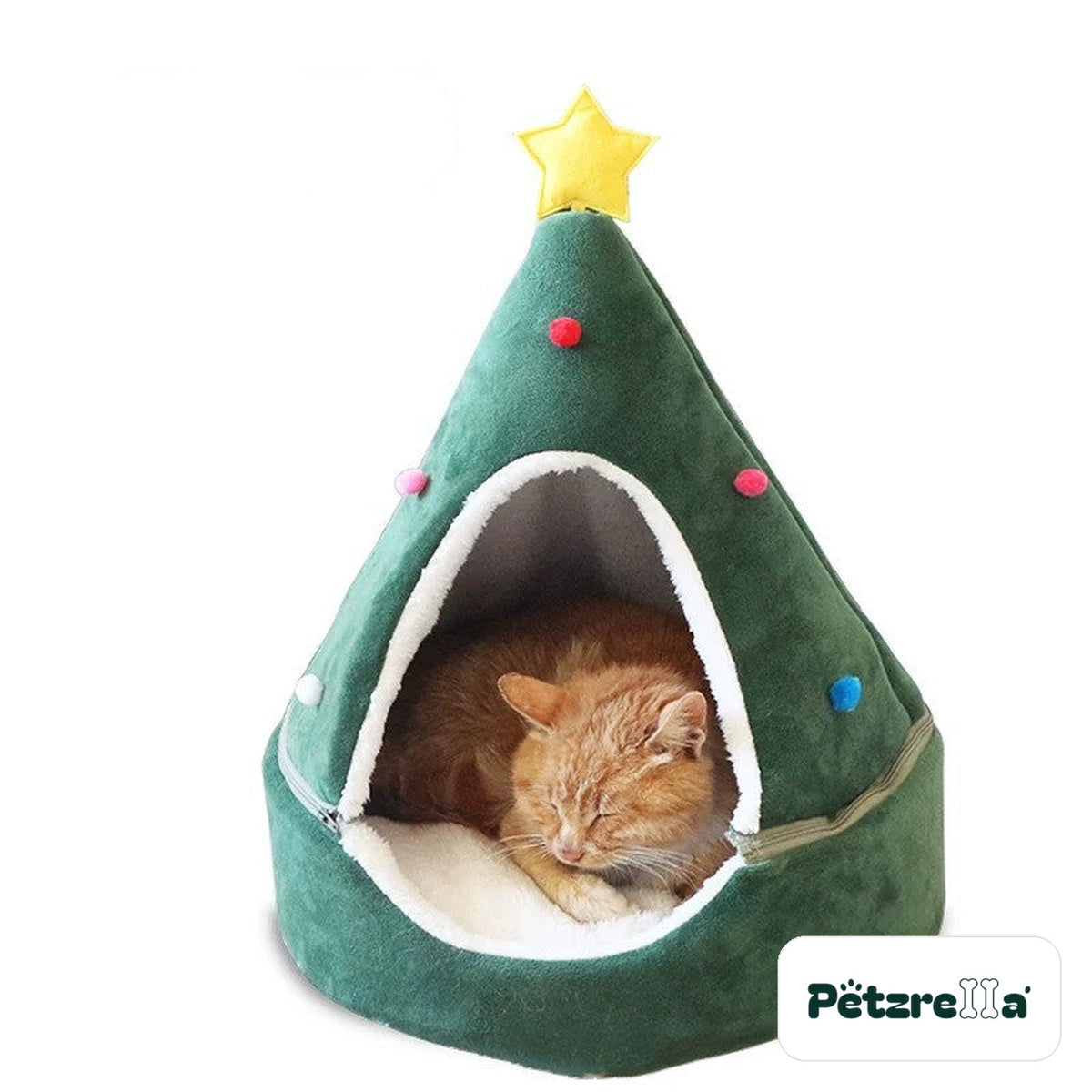 Petzrella Christmas Tree Cat Cave green on white background with star and colourful pompoms