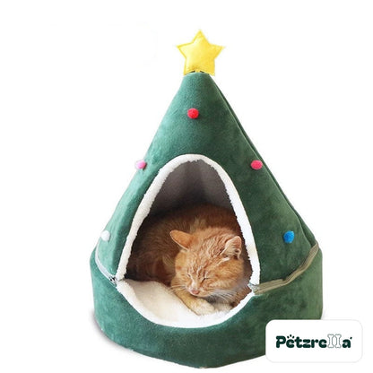 Petzrella Christmas Tree Cat Cave green on white background with star and colourful pompoms