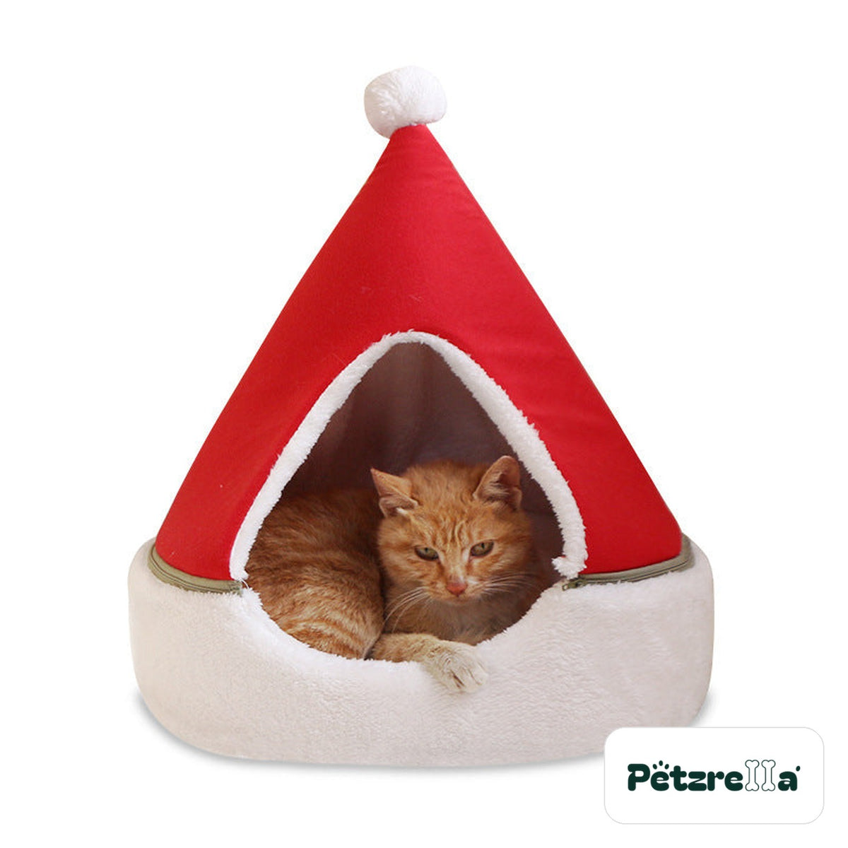 Petzrella Christmas Tree Cat Cave red Santa hat on white background with white pompom