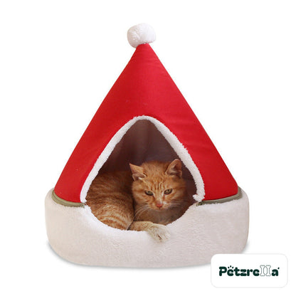 Petzrella Christmas Tree Cat Cave red Santa hat on white background with white pompom