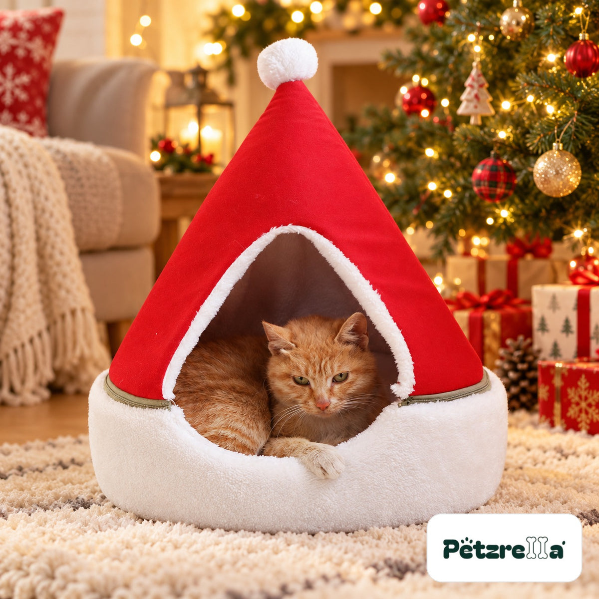 Petzrella Christmas Tree Cat Cave in red Santa hat design with white plush base, cat inside by the Christmas tree