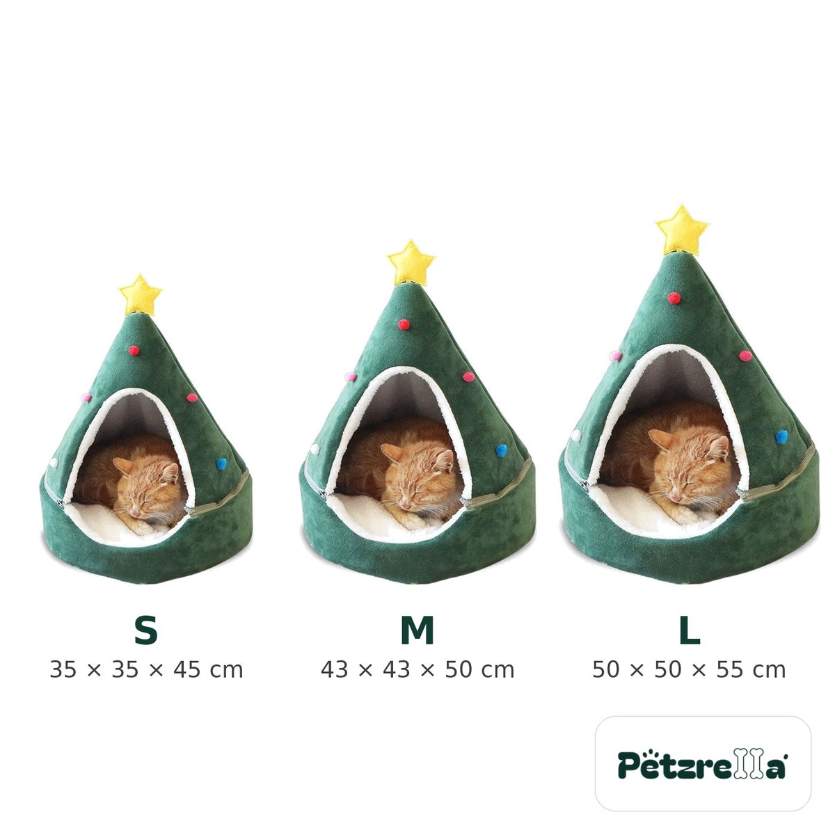 Petzrella Christmas Tree Cat Cave sizes S 35x35x45 cm, M 43x43x50 cm, L 50x50x55 cm