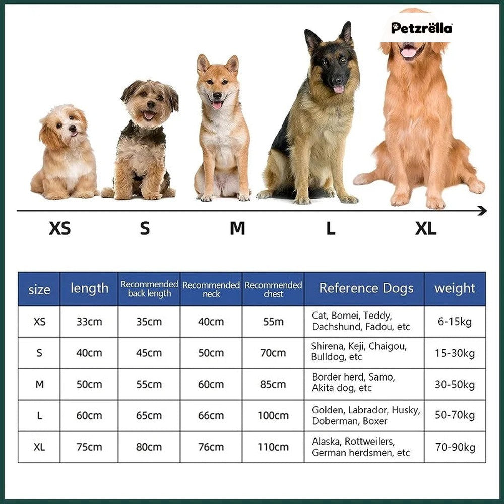 Petzrella dog bathrobe size chart XS to XL