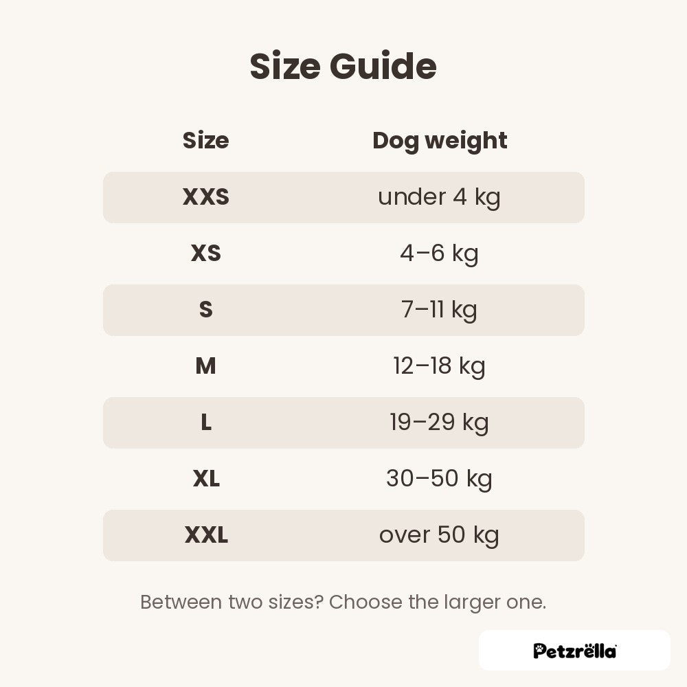 Petzrella dog calming vest size guide XXS to XXL