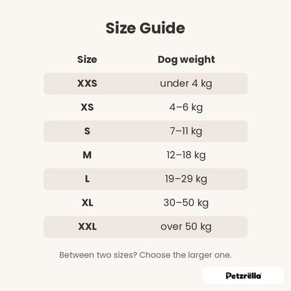 Petzrella dog calming vest size guide XXS to XXL