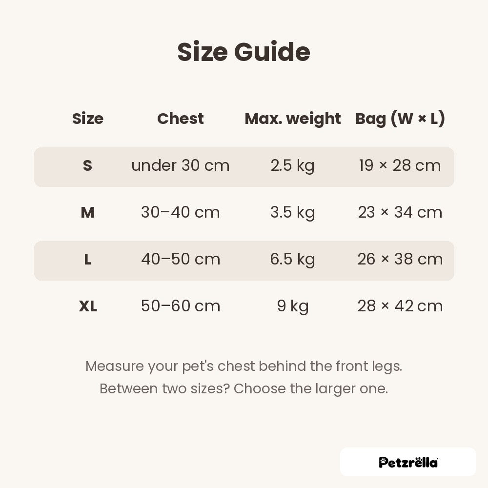 Petzrella Pet Front Carrier size guide S to XL