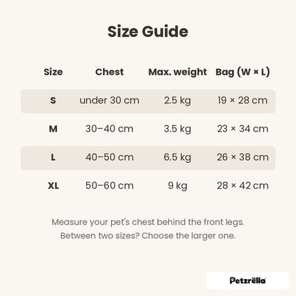 Petzrella Pet Front Carrier size guide S to XL