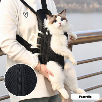 Petzrella Pet Front Carrier worn on the chest with a cat inside