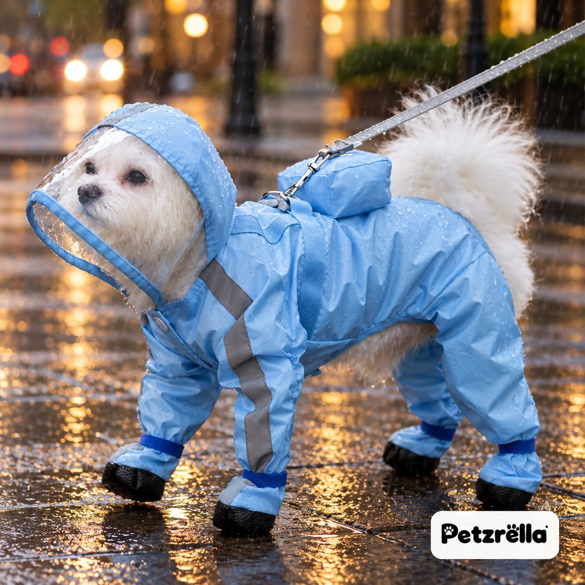 Small dog in the Petzrella Dog Rain Poncho Blue Cloud walking on a wet street