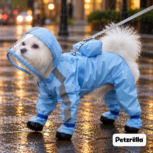 Small dog in the Petzrella Dog Rain Poncho Blue Cloud walking on a wet street