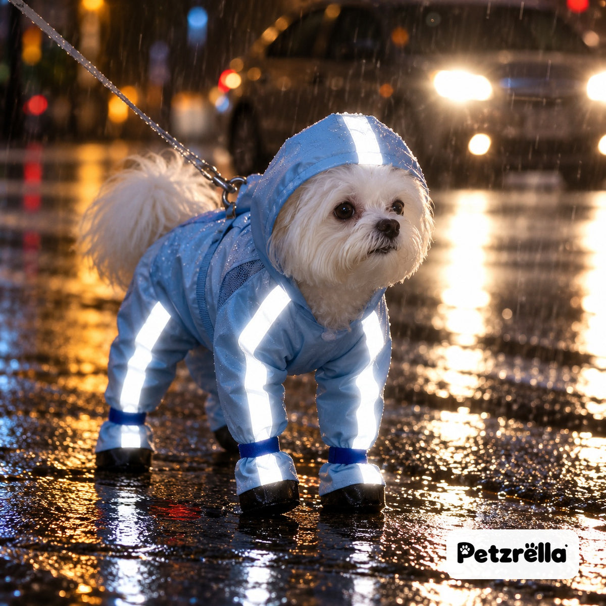 Reflective strips of the Petzrella Dog Rain Poncho shining at night