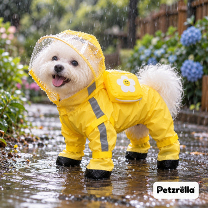 Petzrella Dog Rain Poncho Yellow Flower on a Bichon standing in a garden puddle