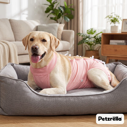 Petzrella pink dog recovery suit worn by a Labrador resting in a dog bed in the living room