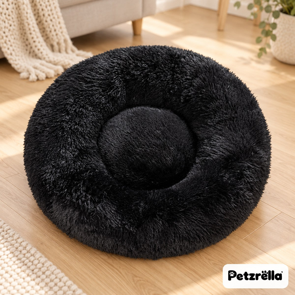 Petzrella Round Plush Donut Pet Bed in black