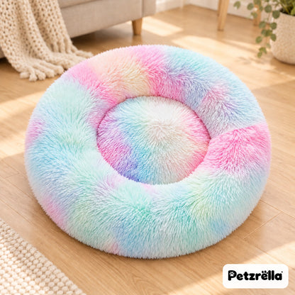 Petzrella Round Plush Donut Pet Bed in colorful rainbow plush