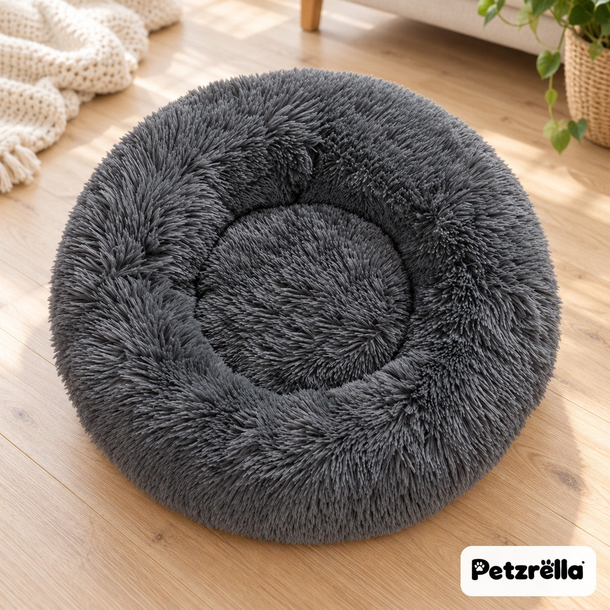 Petzrella Round Plush Donut Pet Bed in dark grey
