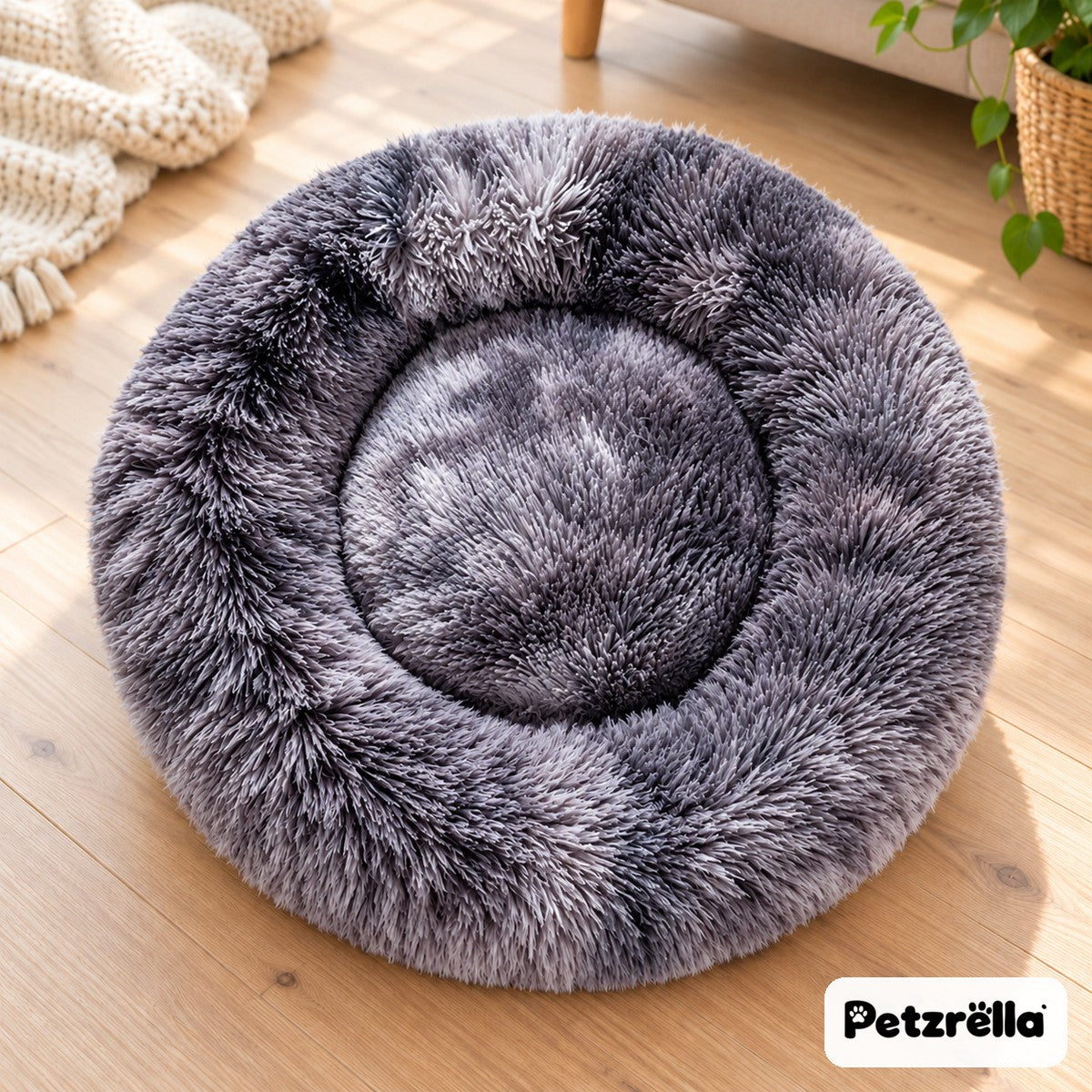 Petzrella Round Plush Donut Pet Bed in gradient grey