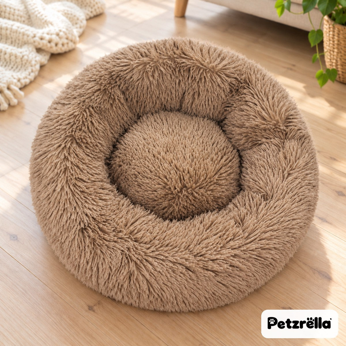 Petzrella Round Plush Donut Pet Bed in khaki