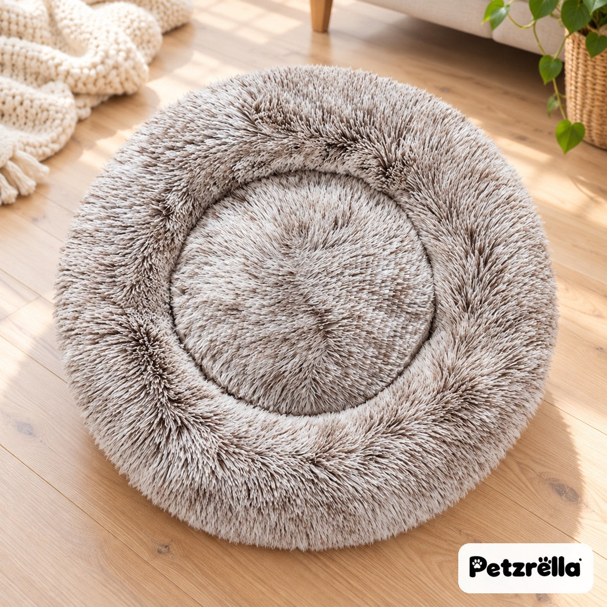 Petzrella Round Plush Donut Pet Bed in white brown