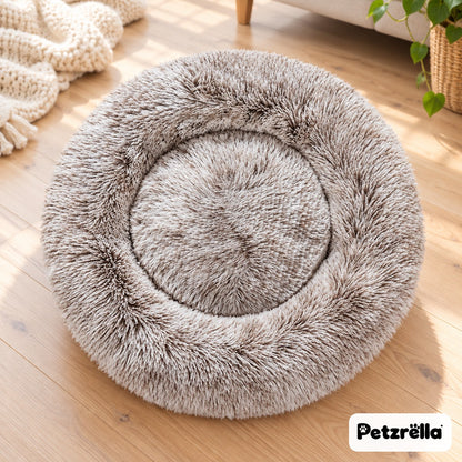 Petzrella Round Plush Donut Pet Bed in white brown