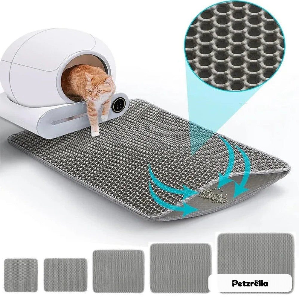 Petzrella double-layer cat litter mat in front of a litter box