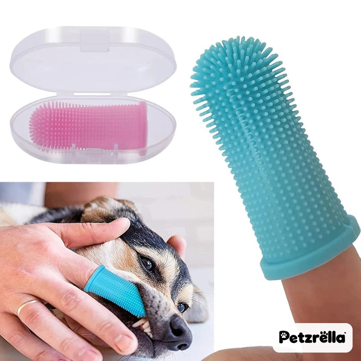 Petzrella silicone finger toothbrush used on a dog