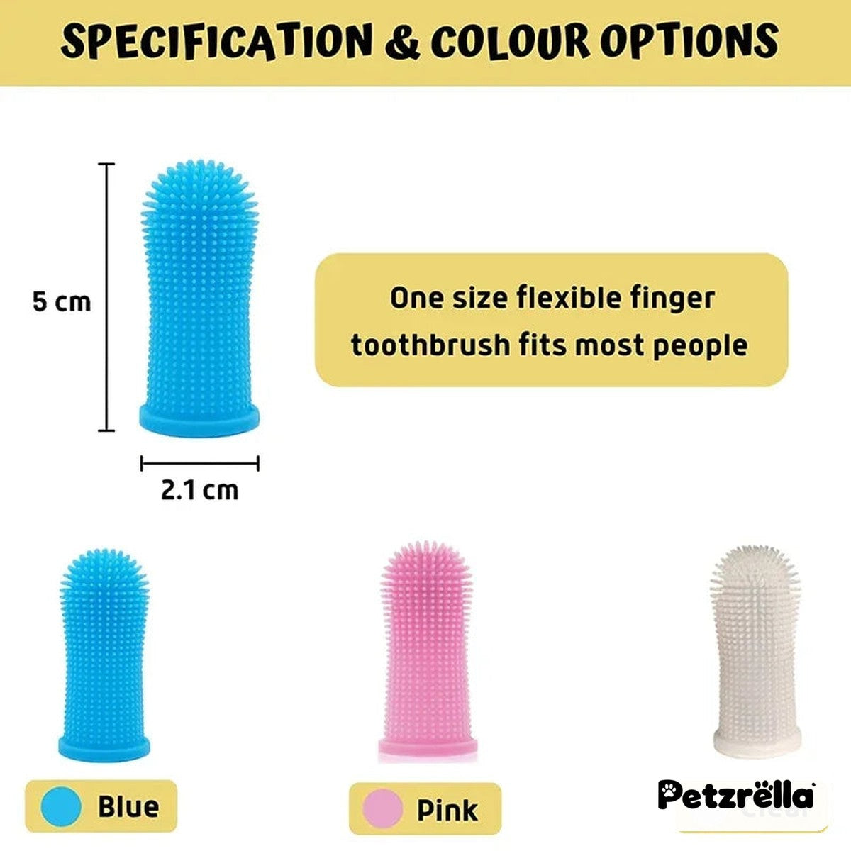 Petzrella finger toothbrush size 5 x 2.1 cm and color options