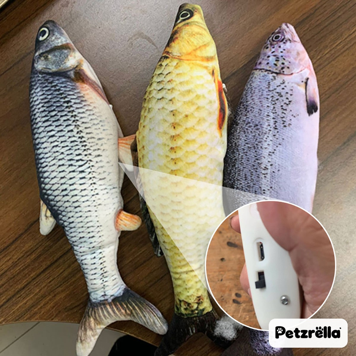 Petzrella flopping fish cat toy, on and off switch