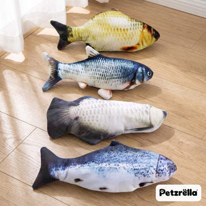 Four Petzrella flopping fish cat toys side by side on a wooden floor
