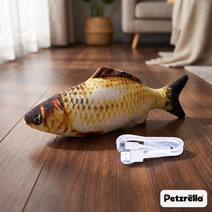 Petzrella golden carp flopping fish cat toy with USB charging cable on a wooden floor
